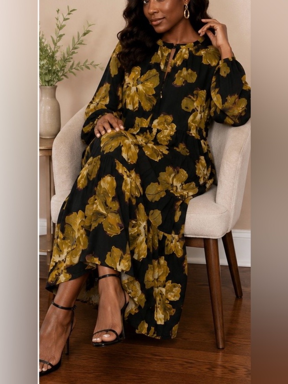 ✅🌹”a new day” Black & Mustard Floral Long Sleeve Tiered Maxi Dress with Pockets.